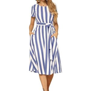 Levaca Short Sleeve Striped Casual Flowy Midi Belt Dress Pockets Size Medium